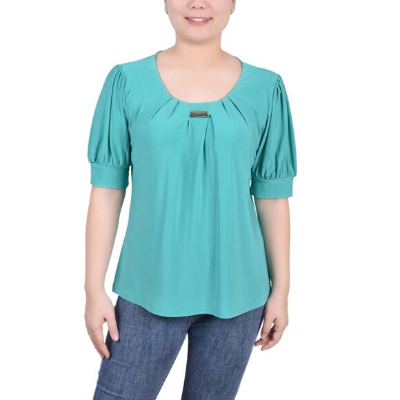 NY Collection Women's Petite Short Sleeve Balloon Sleeve Top Green Size PL - Picture 1 of 3